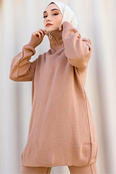 benguen 11017-10 Collar Zipper Detailed Knitwear Suit Mink