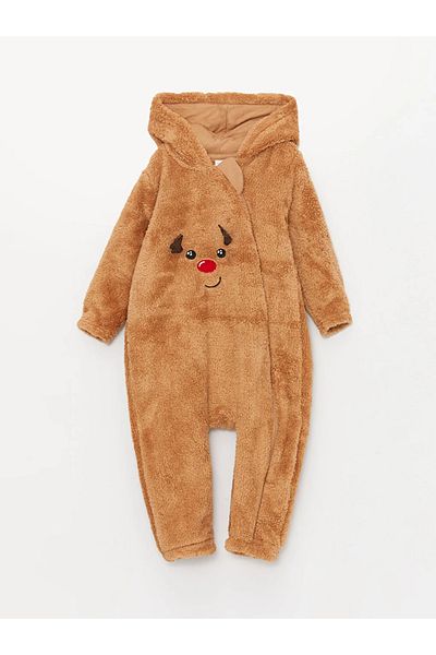 LC Waikiki Plush Hooded Long Jumpsuit for Baby Boy - 0-12 Months with Booties (12 Months+ No Booties)