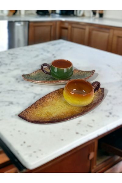 Artistic Quality Decorative Walnut Leaf Figured Tea Coffee Cup Set in Yellow, Green and Coffee Colors for 2 People