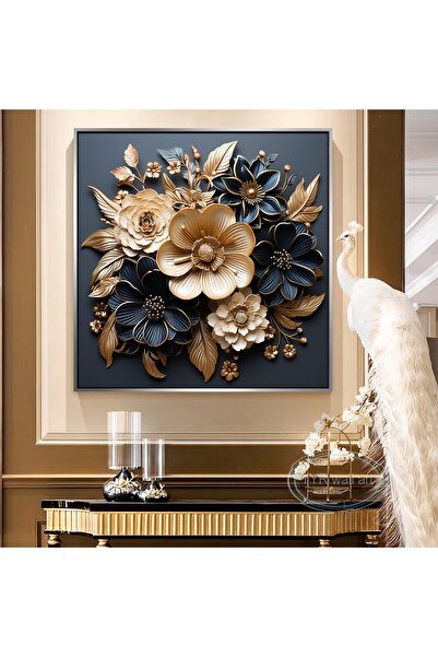 Markazip Lacivert Gold Çiçekler Gümüş Metal Çerçeveli Kanvas Tablo 90x90cm Ko...
