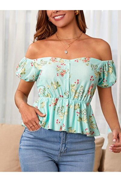 BELLA NOTTE Women's Short Sleeve Madonna Neck Floral Print Button Detail Gipeli Single Jersey Fabric Blouse