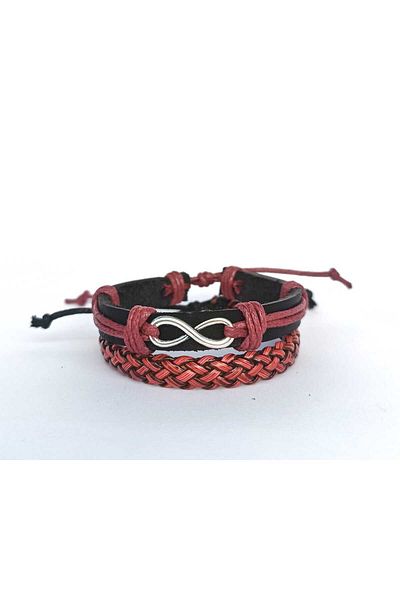BSN Store Infinity Figured Burgundy Black 2-Piece Handmade Genuine Leather Bracelet