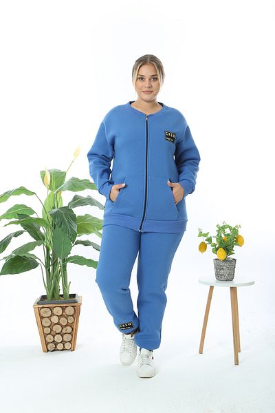 XL Modam Costum cu pantaloni cardigan albastru cu glugă pentru femei de mărime mare