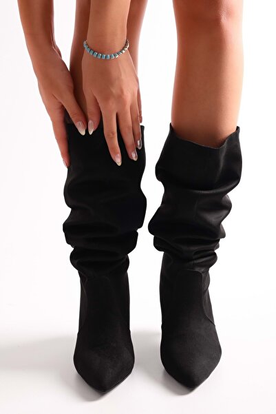 Shoeberry Dámské Pia Černé semišové měchové boty na podpatku Černé semišové