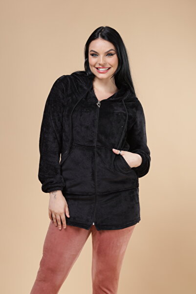 mervemoda Women's Black double Set Top Soft Bottom Velvet fabric zipper hooded high quality suit