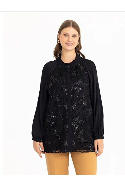 Gala-Xi Büyük Beden Dantel Detaylıı Gömlek Tunik Qks 221201001 Şık Gömlek Tun...