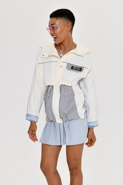 fehika Γυναικεία λευκή / μπλε κουκούλα με τσέπες Oversize καμπαρντίνα College Woven Garni τζιν μπουφάν