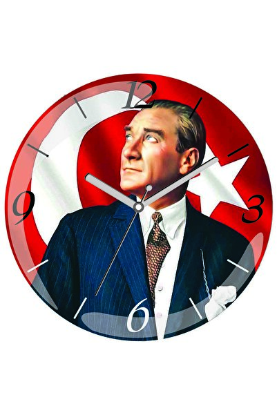 ART HEDİYE أتاتورك في الخلف مع العلم قطر 30 سم كتم العقارب المنحني ساعة حائط زجاجية حقيقية
