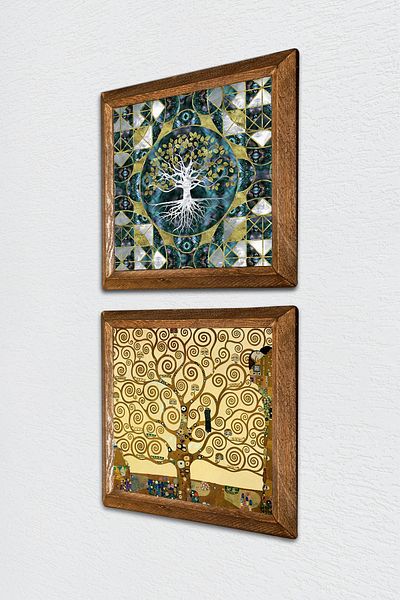 Pinecone Tree of Life Stone Wall Painting Wooden Framed Wall Decor 2 Piece Painting Set Wall Art -W2-353-