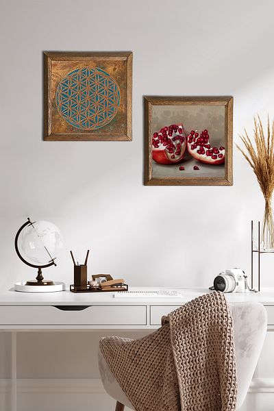 Pinecone Floarea vieții, pictură pe perete din piatră de rodie, decor de perete cu rame din lemn, set de 2 picturi, artă de perete -W2-342-