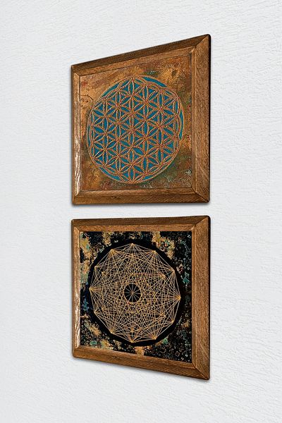 Pinecone Floarea vieții, Sri Yantra Pictură pe perete din piatră Decor de perete cu rame din lemn Set de pictură 2 piese -W2-559-