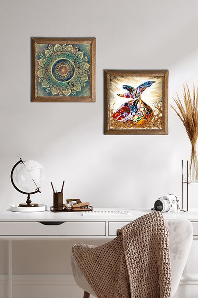 Pinecone Mandala, pictură pe perete cu piatră de stăpâne Decor de perete cu rame din lemn Set de pictură din 2 piese Artă de perete -W2-631-