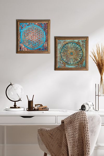 Pinecone Flower of Life Stone Wall Painting with Wooden Frame Wall Decor 2 Piece Painting Set Wall Art -W2-512-