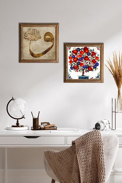 Pinecone Vav, pictură pe perete din piatră de pom de rodie cu cadru din lemn Decor de perete 2 bucăți set de pictură Wall Art -W2-160-