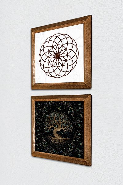 Pinecone Floarea vieții, Arborele vieții Pictură pe perete din piatră cu rame din lemn Decor de perete Set de pictură din 2 piese -W2-431-