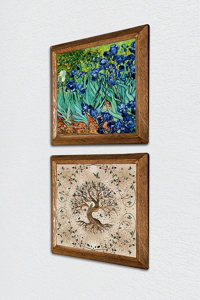 Pinecone Van Gogh Irisuri, Arborele Vieții Pictură pe perete din piatră cu cadru din lemn Decor de perete Set de 2 picturi -W2-197-