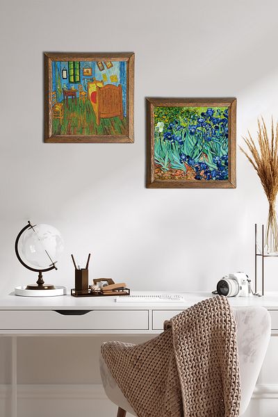 Pinecone Van Gogh Bedroom in Arles, Irises Stone Wall Painting Wood Framed Wall Decor -W2-387-