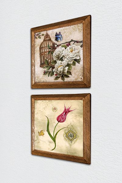 Pinecone Tulip, Butterfly Flower Stone Wall Painting Wood Framed Wall Decor 2 Piece Painting Set -W2-666-