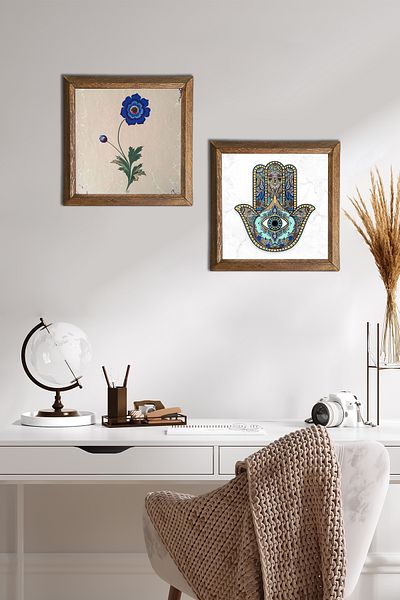 Pinecone Artă marmorată, Fatma Ana Hand (Hamsa) Pictură pe perete din piatră Decor de perete cu rame din lemn Pictură din 2 piese -W2-36-