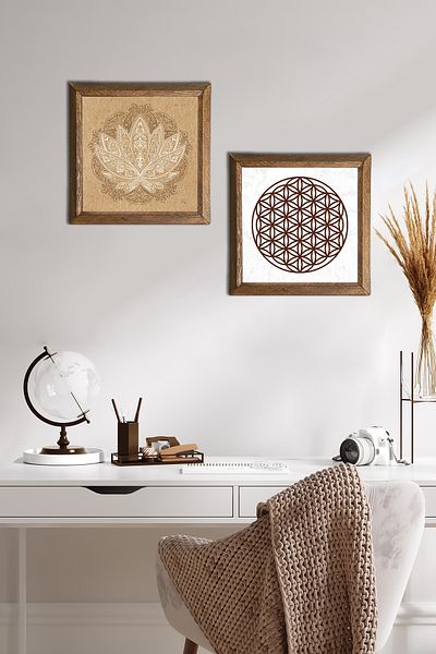 Pinecone Lotus Flower, Flower of Life Stone Wall Painting Wood Framed Wall Decor Set of 2 Painting -W2-477-