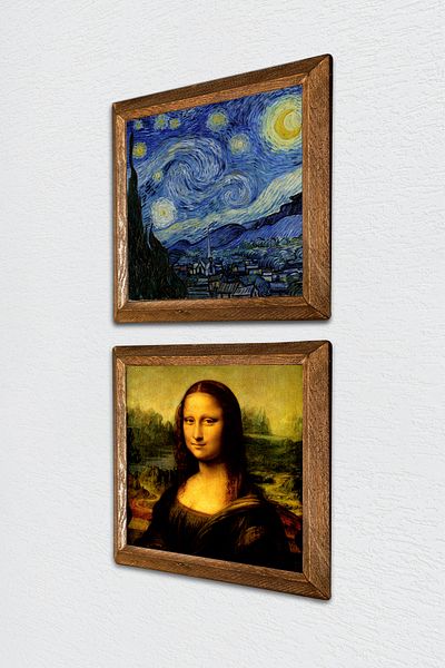 Pinecone Van Gogh Starry Night, Da Vinci Mona Lisa Stone Wall Painting Wood Framed Wall Decor -W2-327-