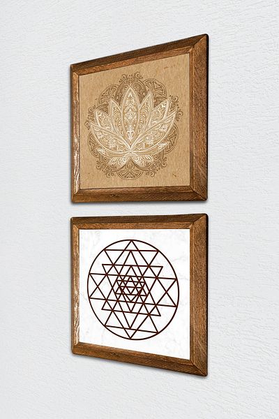 Pinecone Floarea Lotusului, Sri Yantra Pictură pe perete din piatră Decor de perete cu rame din lemn Set de pictură 2 piese -W2-467-