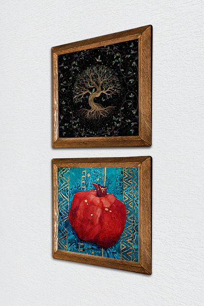 Pinecone Tree of Life, Pomegranate Stone Wall Painting Wood Framed Wall Decor 2 Piece Painting Set Wall Art -W2-113-