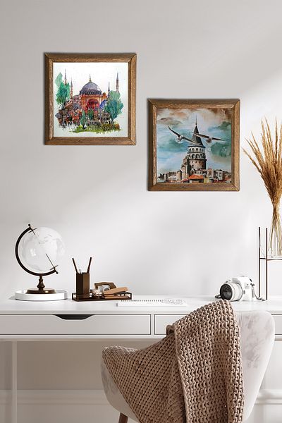 Pinecone Istanbul Hagia Sophia, Galata Tower Stone Wall Painting Wooden Framed Wall Decor 2 Piece Painting -W2-689-