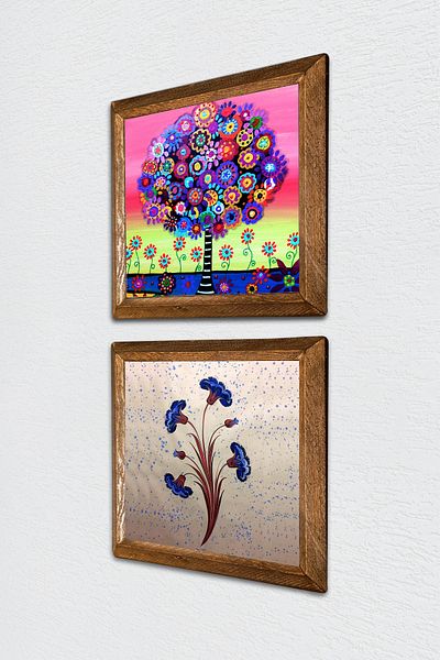 Pinecone Artă marmorată, pictură pe perete din piatră Arborele vieții cu cadru din lemn Decor de perete Set de pictură din 2 piese -W2-663-