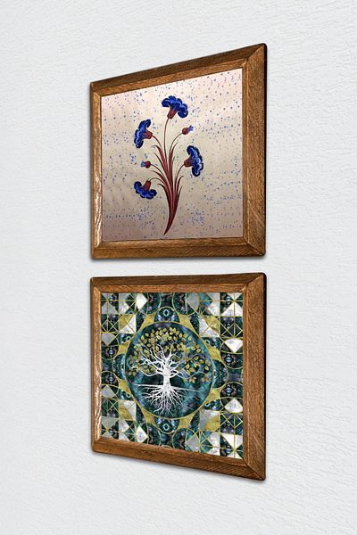 Pinecone Marbling Art, Tree of Life Stone Wall Painting with Wooden Frame Wall Decor 2 Piece Painting Set -W2-591-