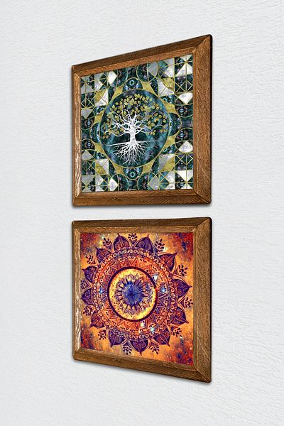 Pinecone Tree of Life, Mandala Stone Wall Painting Wood Framed Wall Decor 2 Piece Painting Set -W2-583-