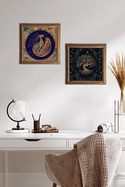 Pinecone Peacocks, Tree of Life Stone Wall Painting Wood Framed Wall Decor 2 Piece Painting Set -W2-434-