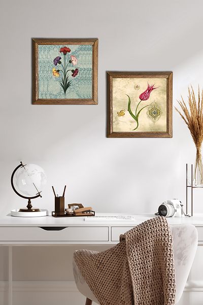 Pinecone Marbling Art, Tulip Stone Wall Painting Ξύλινο πλαίσιο Διακόσμηση τοίχου Σετ ζωγραφικής 2 τεμαχίων Wall Art -W2-703-