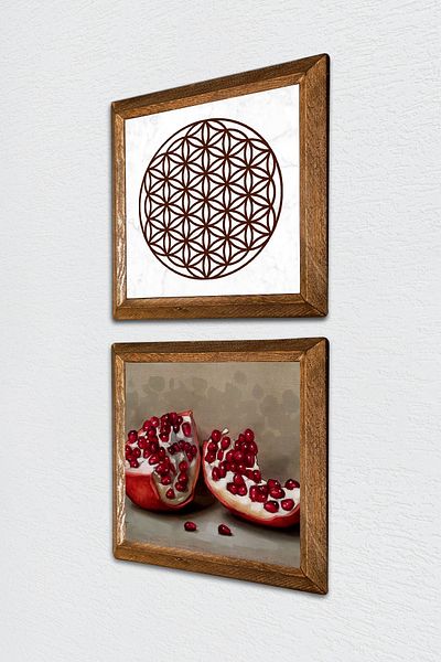 Pinecone Flower of Life, Pomegranate Stone Wall Painting with Wooden Frame Wall Decor Set of 2 Painting Wall Art -W2-750-