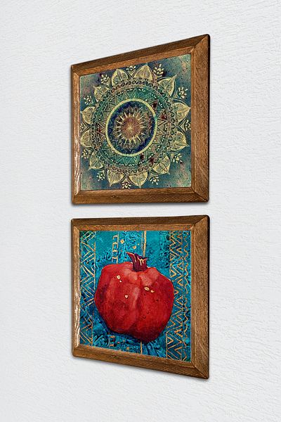 Pinecone Mandala, pictură pe perete cu piatră de rodie, decor de perete cu rame din lemn, set de pictură din 2 piese, artă de perete -W2-133-