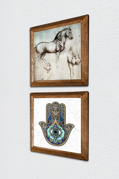 Pinecone Da Vinci Horse Sculpture, Hand of Mother Fatma (Hamsa) Stone Wall Painting Wall Decor with Wooden Frame -W2-08-