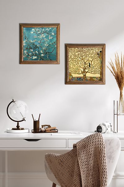 Pinecone Van Gogh Almond Tree, Gustav Klimt Tree of Life Stone Wall Painting Framed Wall Decor -W2-346-