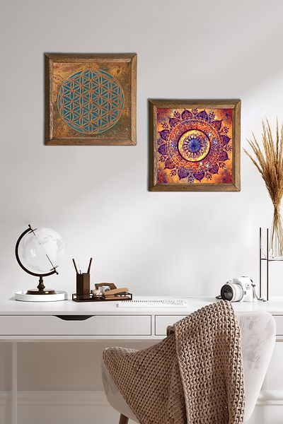 Pinecone Flower of Life, Mandala Stone Wall Painting Wood Framed Wall Decor 2 Piece Painting Set -W2-585-