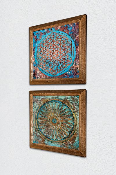 Pinecone Flower of Life Stone Wall Painting with Wooden Frame Wall Decor 2 Piece Painting Set Wall Art -W2-512-