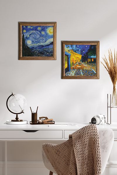 Pinecone Van Gogh Cafe Terrace at Night, Starry Night Stone Wall Painting Wall Decor with Wood Frame -W2-381-
