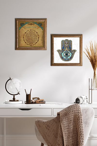 Pinecone Rugăciune de abundanță, mâna mamei Fatma (Hamsa) Pictură pe perete din piatră Decor de perete cu rame din lemn -W2-30-
