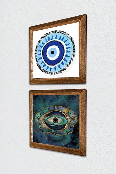 Pinecone Evil Eye Stone Wall Painting Wooden Framed Wall Decor 2 Piece Painting Set Wall Art -W2-571-
