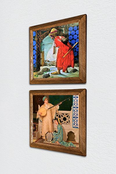 Pinecone Turtle Trainer, Two Musicians Girl Painting Stone Wall Painting Framed Wall Decor -W2-335-