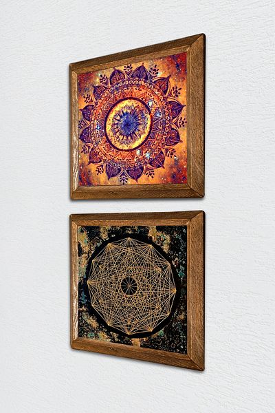 Pinecone Mandala, Sri Yantra Pictură pe perete din piatră Decor de perete cu rame din lemn Set de 2 picturi Wall Art -W2-556-
