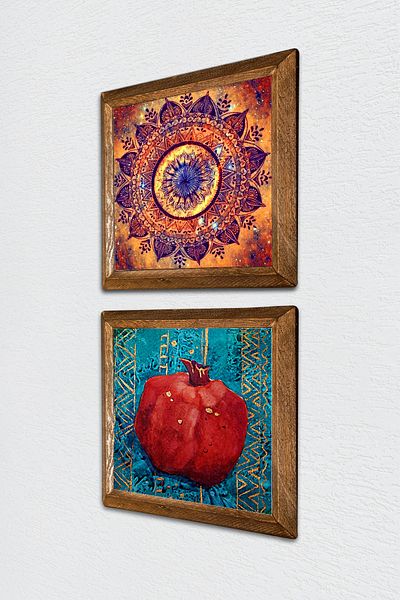 Pinecone Mandala, Pomegranate Stone Wall Painting with Wooden Frame Wall Decor 2 Piece Painting Set Wall Art -W2-132-