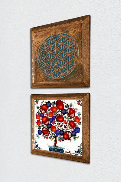 Pinecone Flower of Life, Pomegranate Tree Stone Wall Painting Wood Framed Wall Decor 2 Piece Painting Set -W2-192-