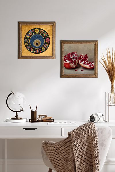 Pinecone Evil Eye, Pomegranate Stone Wall Painting with Wooden Frame Wall Decor 2 Piece Painting Set Wall Art -W2-736-