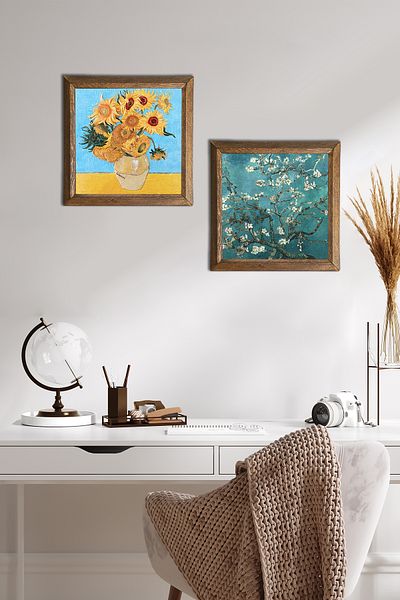 Pinecone Van Gogh Twelve Sunflowers Vase, Almond Tree Stone Wall Painting with Wood Frame Wall Decor -W2-372-