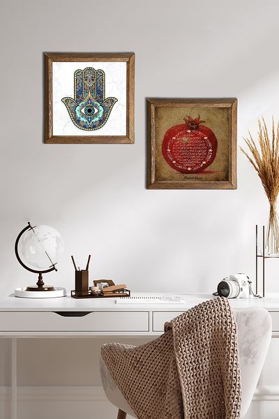 Pinecone Fertility Prayer, Fatma Mother Hand (Hamsa) Stone Wall Painting Wooden Framed Wall Decor -W2-18-