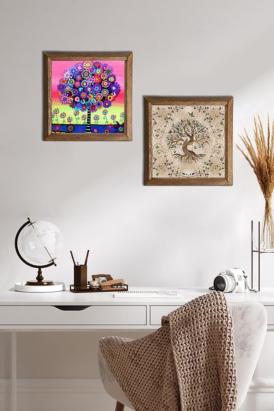 Pinecone Arborele vieții Pictură pe perete din piatră Decor de perete cu rame din lemn Set de pictură din 2 piese Artă de perete -W2-638-